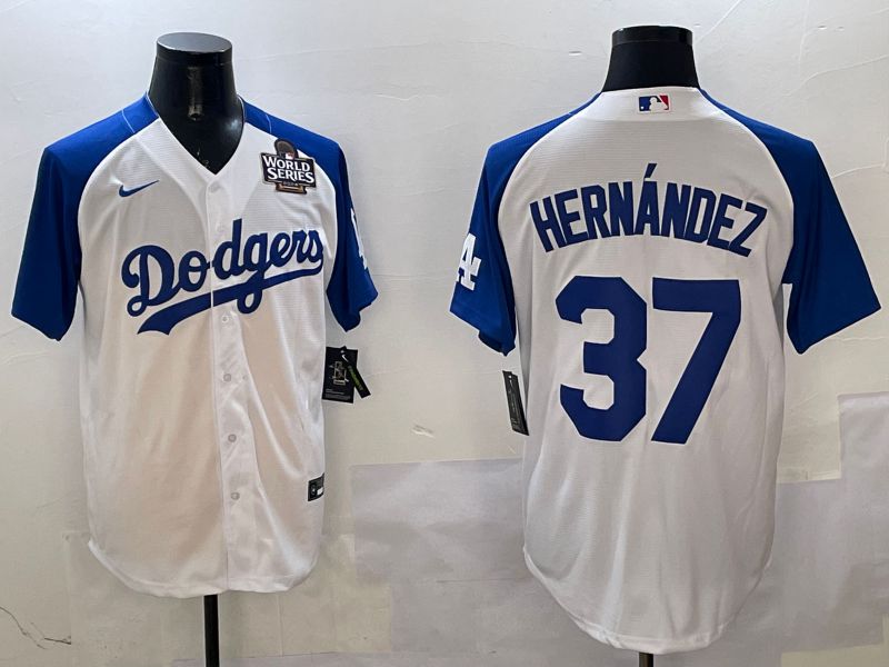Men Los Angeles Dodgers #37 Hernandez White Blue Fashion Game 2025 Nike MLB Jersey style 4